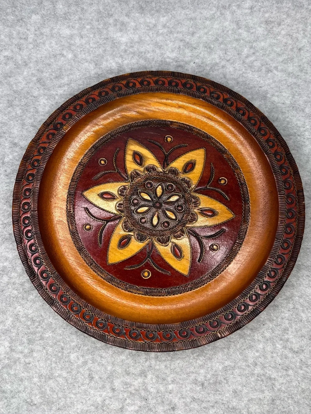 Vintage Decorative Ornate Carved Wooden Folk Art 8” Plate Polish